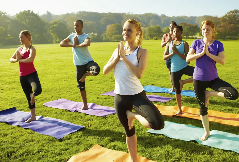 Outdoor-Yoga . Eine Gruppe Menschen auf einer sommerlichen Wiese. Sie üben gemeinsam eine Yogaposition. Sie lächeln alle und stehen auf bunten Matten. Die Sonne scheint und strahlt auf Ihre Gesichter. Im Hintergrund sind viele Bäume. Die Atmosphäre in diesem Bild ist hell, freundlich und sonnig.